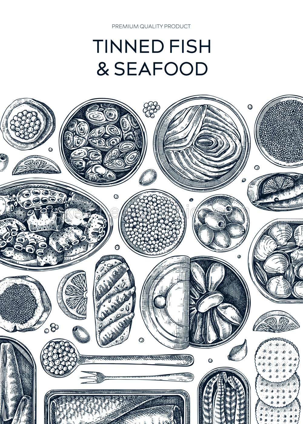 Canned labei frame design. Seafood background with hand-drawn sardines, anchovy, mackerel, tuna, mussels in tin cans, fish canapes  drawings. Healthy food vintage banner. Tinned fish sketch Illustration